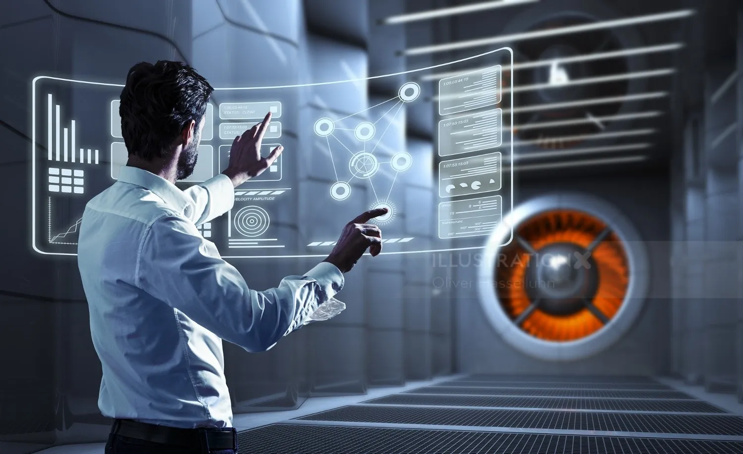 Man interacting with futuristic digital interface in high-tech room by Oliver Hasselluhn