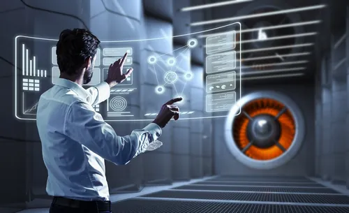 Man interacting with futuristic digital interface in high-tech room by Oliver Hasselluhn