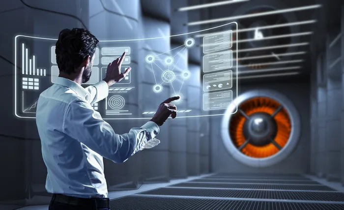 Man interacting with futuristic digital interface in high-tech room by Oliver Hasselluhn