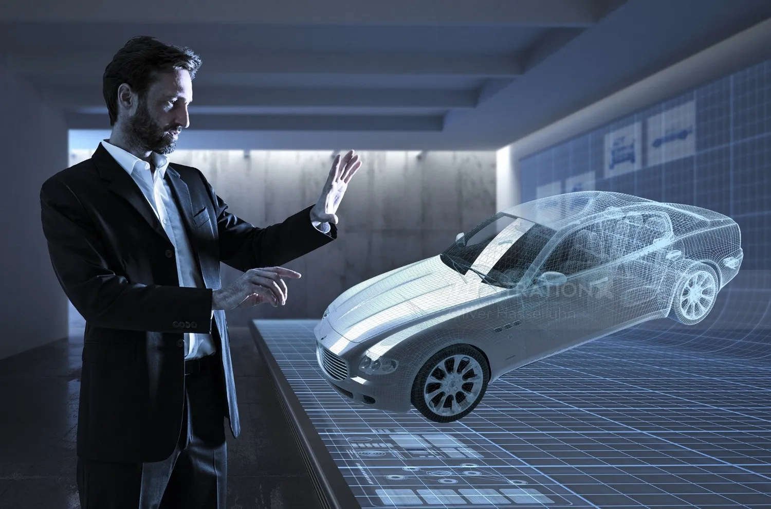 Man interacting with holographic car model in futuristic room by Oliver Hasselluhn
