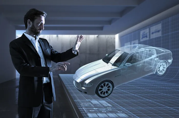 Man interacting with holographic car model in futuristic room by Oliver Hasselluhn