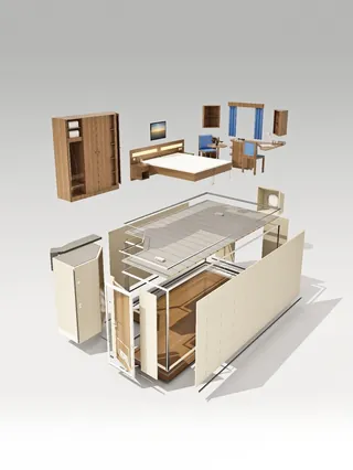 3D render of modular bedroom furniture and room components by Oliver Hasselluhn