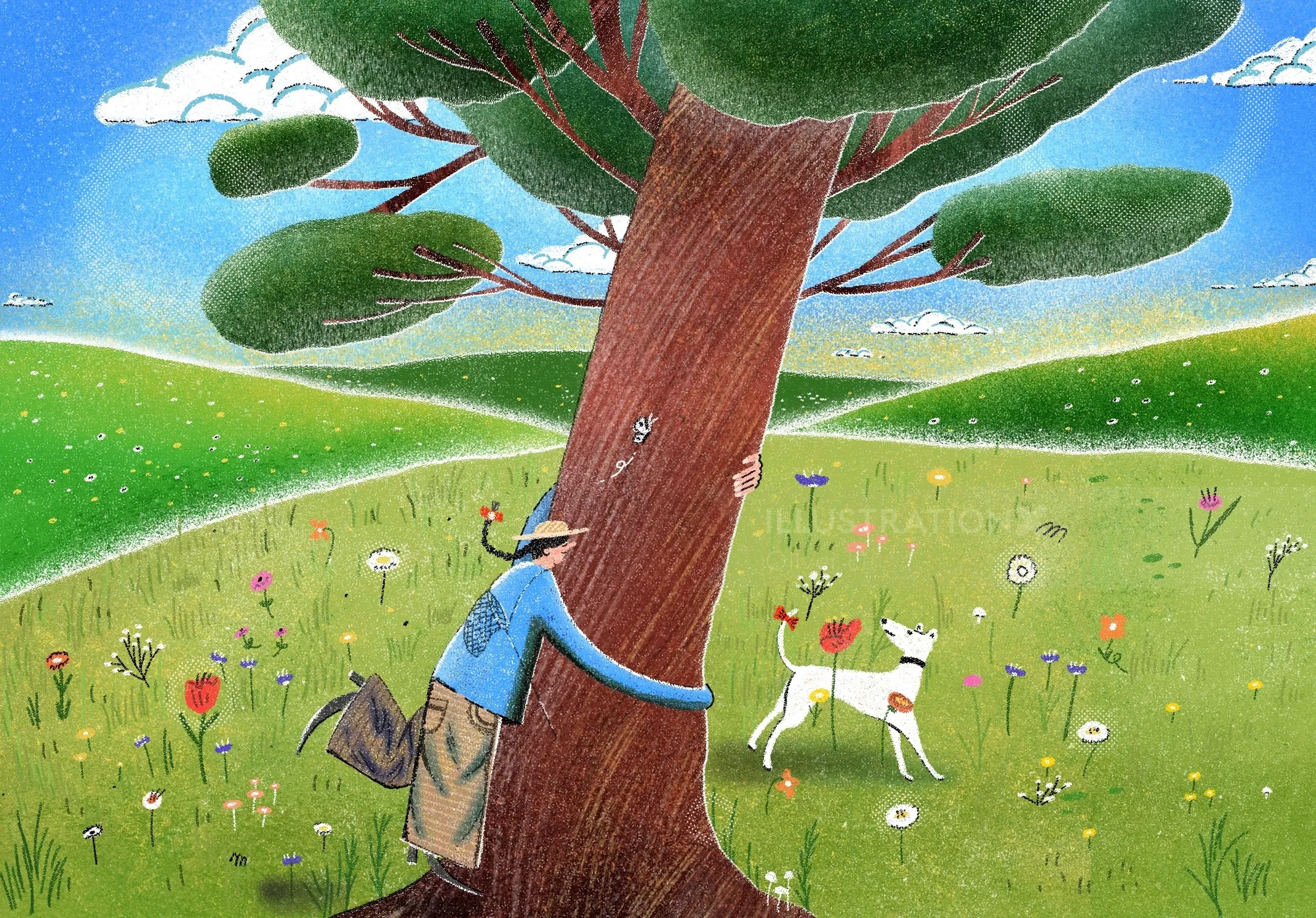 Illustration of person hugging tree with dog nearby by Oliver Li
