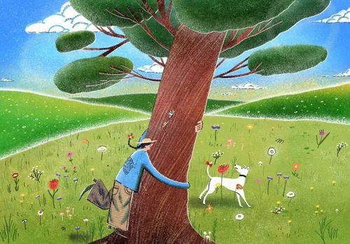Illustration of person hugging tree with dog nearby by Oliver Li