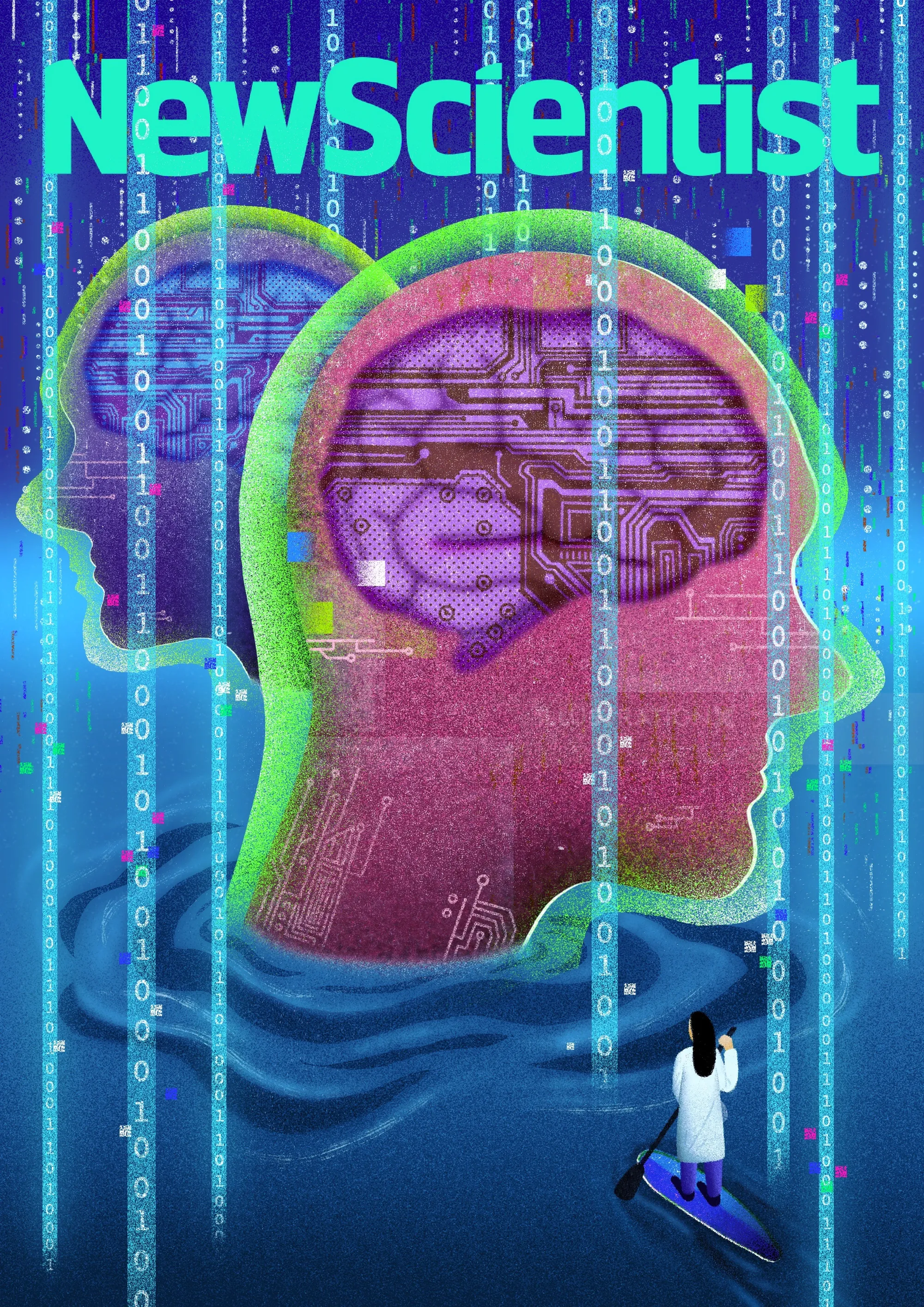 Digital brain and binary code with person looking on, by Oliver Li