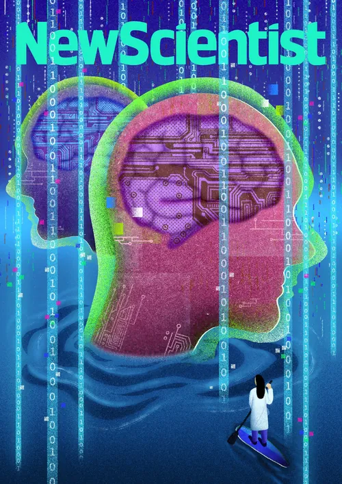 Digital brain and binary code with person looking on, by Oliver Li