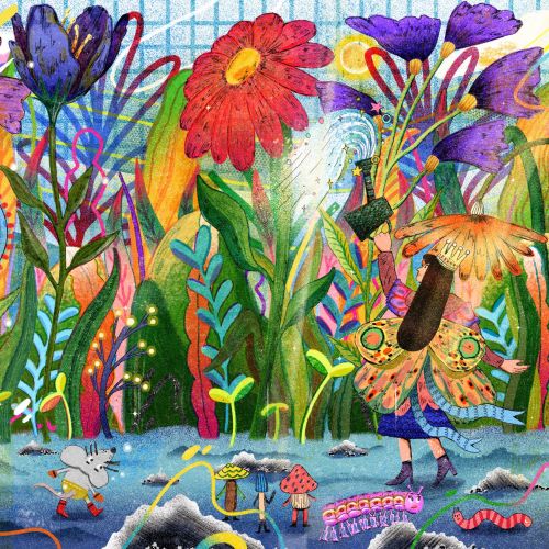 Vibrant garden with various flowers, insects, and small animals by Oliver Li