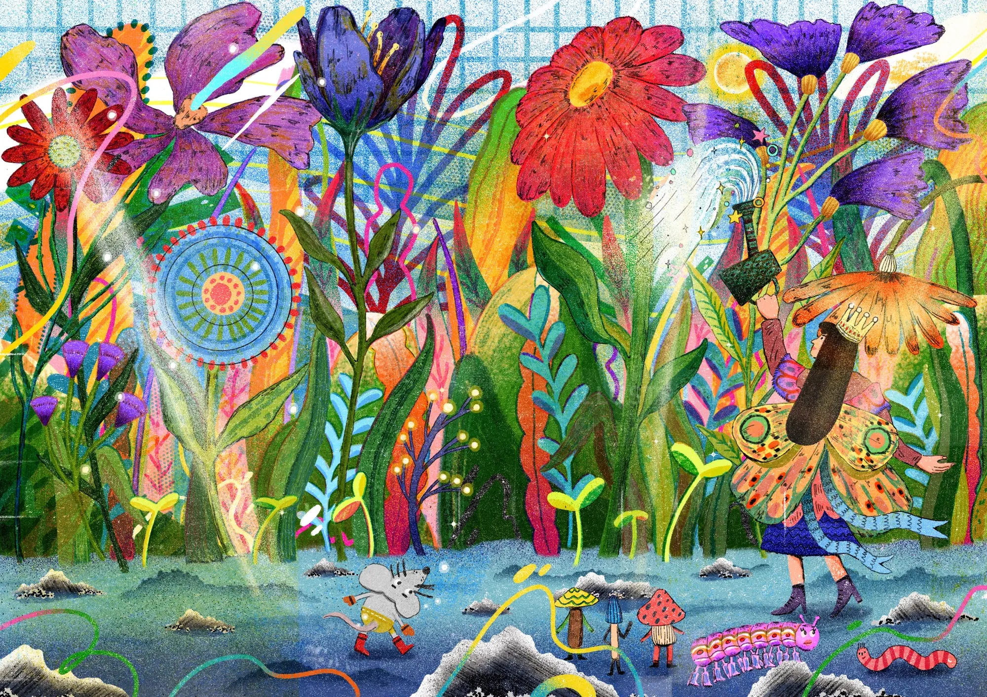 Vibrant garden with various flowers, insects, and small animals by Oliver Li