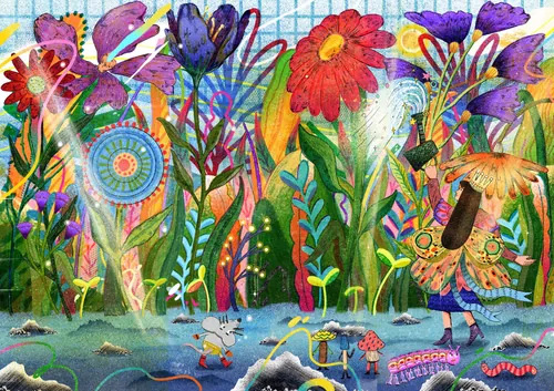 Vibrant garden with various flowers, insects, and small animals by Oliver Li