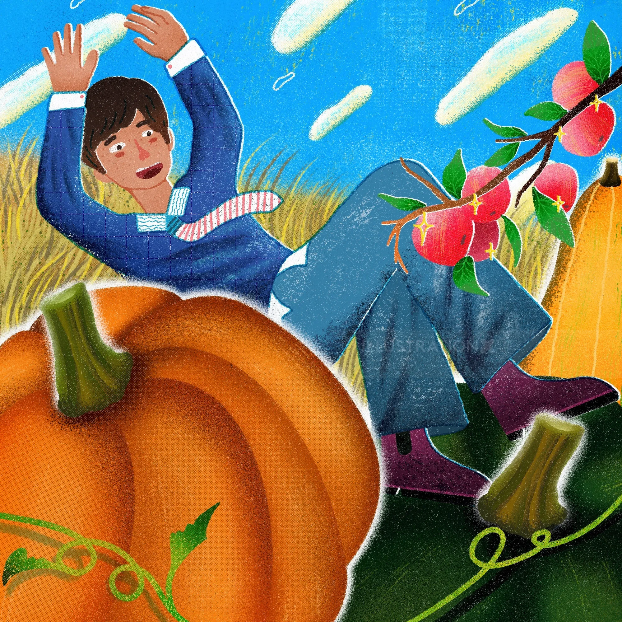 Autumn illustration showing person falling near pumpkin and branches by Oliver Li