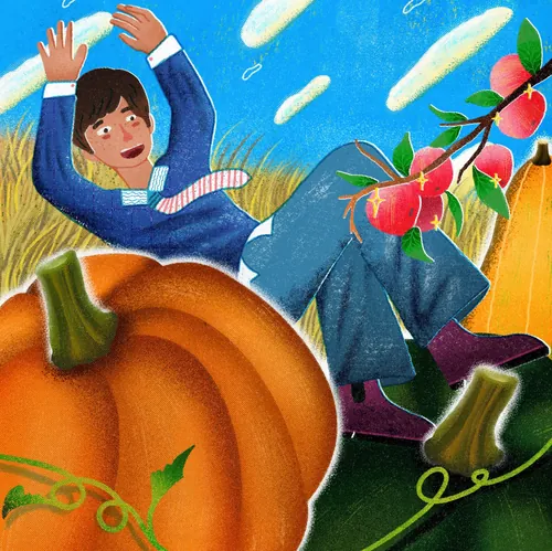 Autumn illustration showing person falling near pumpkin and branches by Oliver Li
