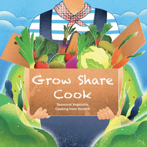 Person holding box of fresh vegetables Grow Share Cook illustration by Oliver Li