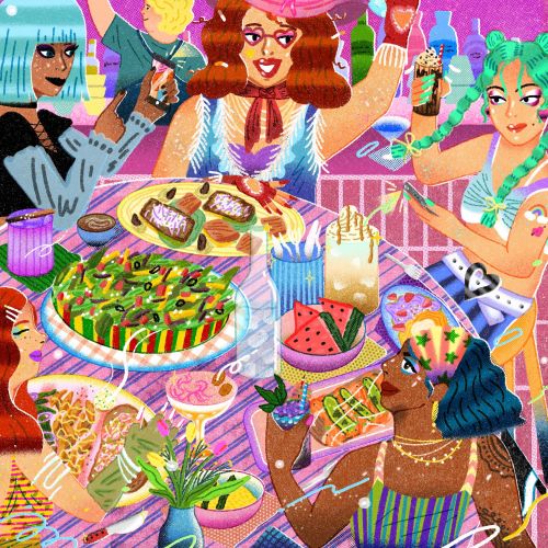 Colorful party scene with diverse people and food, by Oliver Li