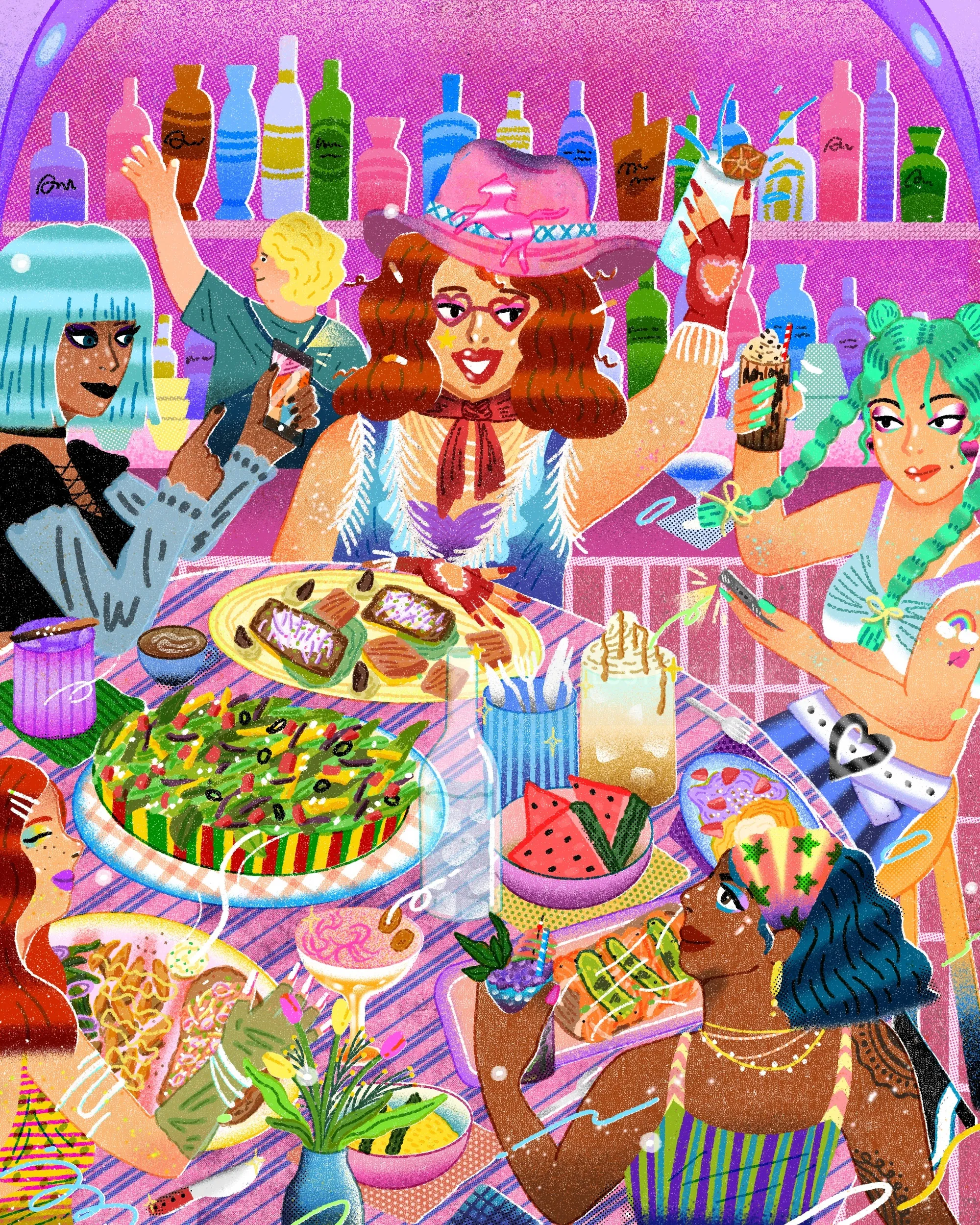 Colorful party scene with diverse people and food, by Oliver Li
