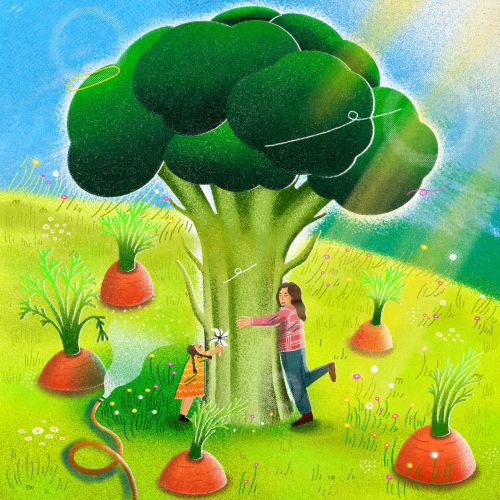 Child hugging a large broccoli tree in a sunny green field by Oliver Li