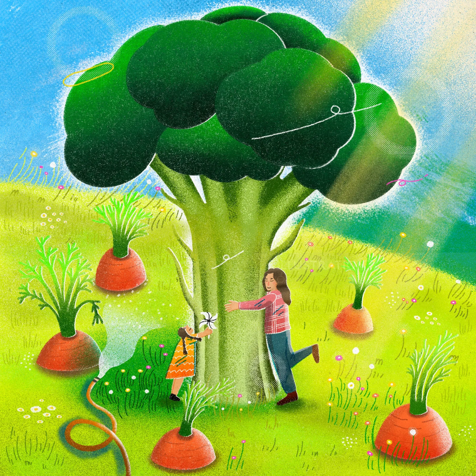 Child hugging a large broccoli tree in a sunny green field by Oliver Li