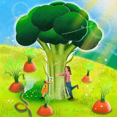 Child hugging a large broccoli tree in a sunny green field by Oliver Li