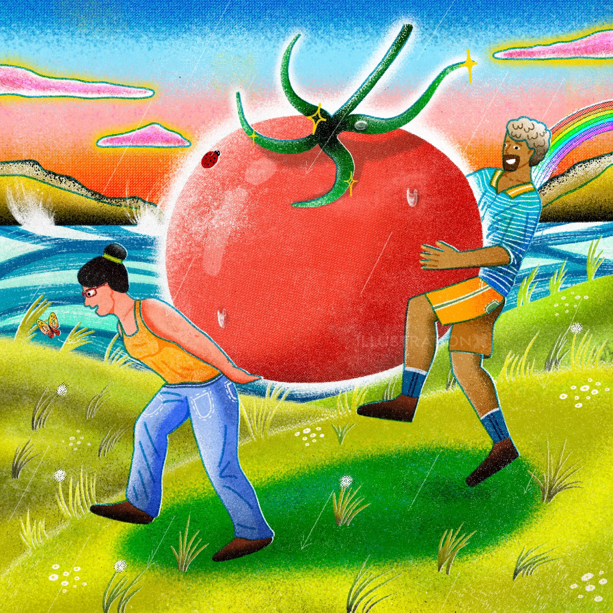 Man and woman carrying a large tomato in a colorful summer landscape by Oliver Li