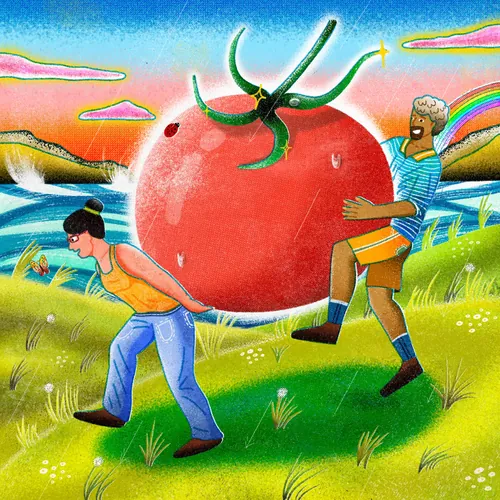 Man and woman carrying a large tomato in a colorful summer landscape by Oliver Li