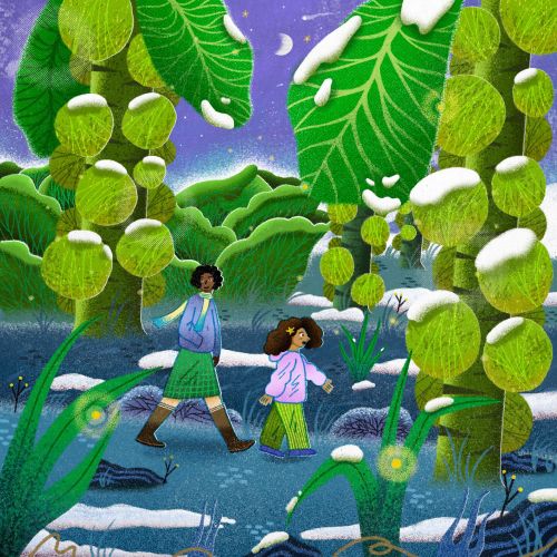 Winter scene with two people walking under snowy green trees by Oliver Li