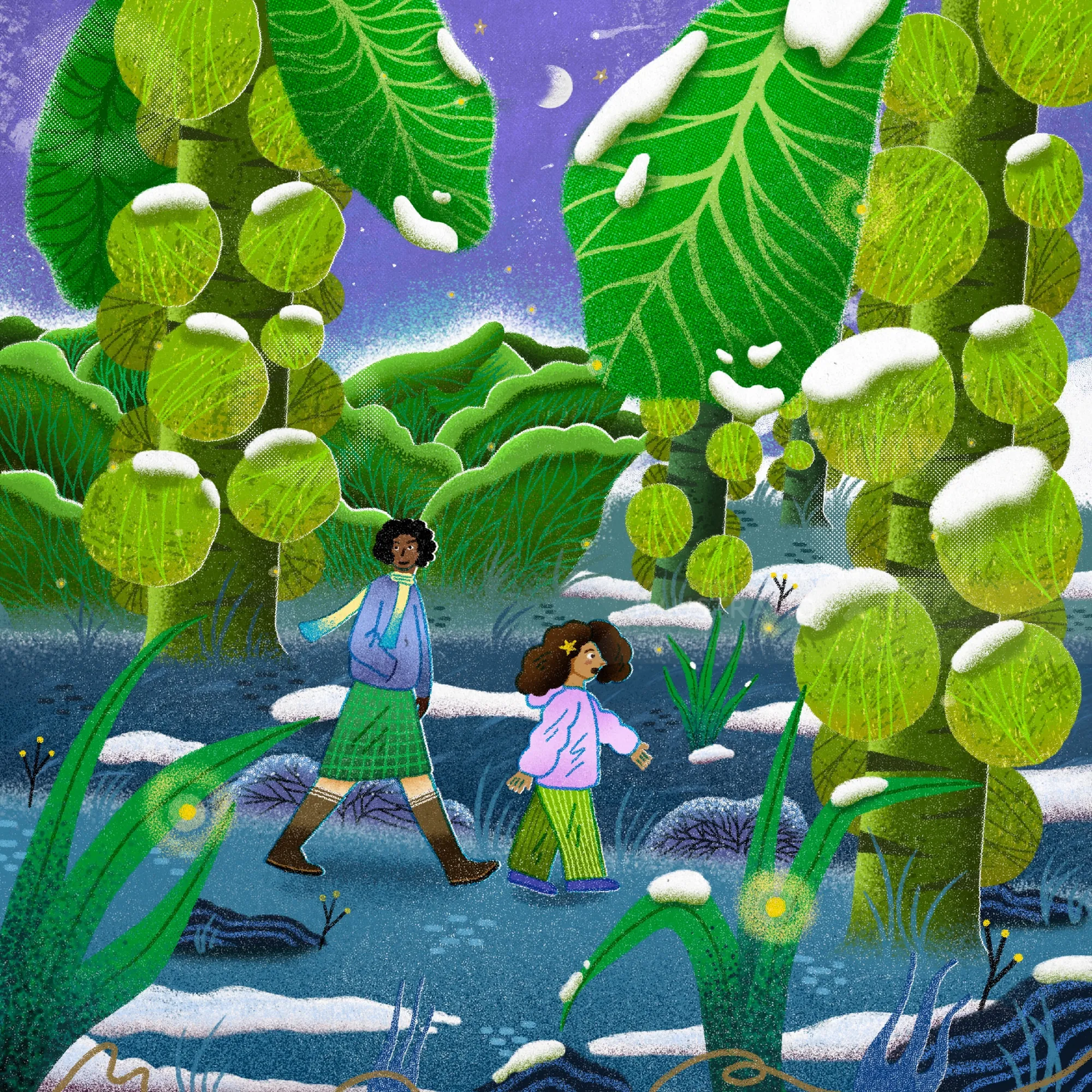 Winter scene with two people walking under snowy green trees by Oliver Li