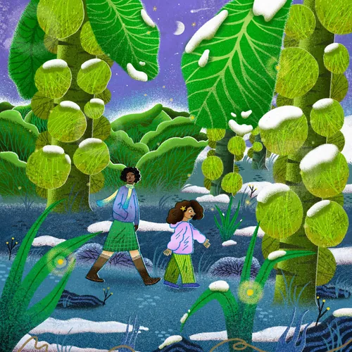 Winter scene with two people walking under snowy green trees by Oliver Li