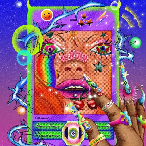 Colorful Y2K style digital face with rainbow and cosmic elements by Oliver Li