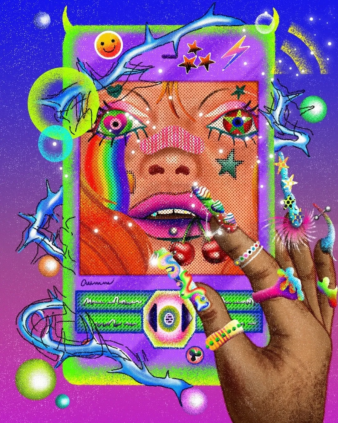 Colorful Y2K style digital face with rainbow and cosmic elements by Oliver Li
