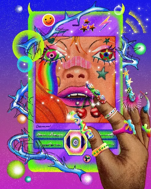 Colorful Y2K style digital face with rainbow and cosmic elements by Oliver Li