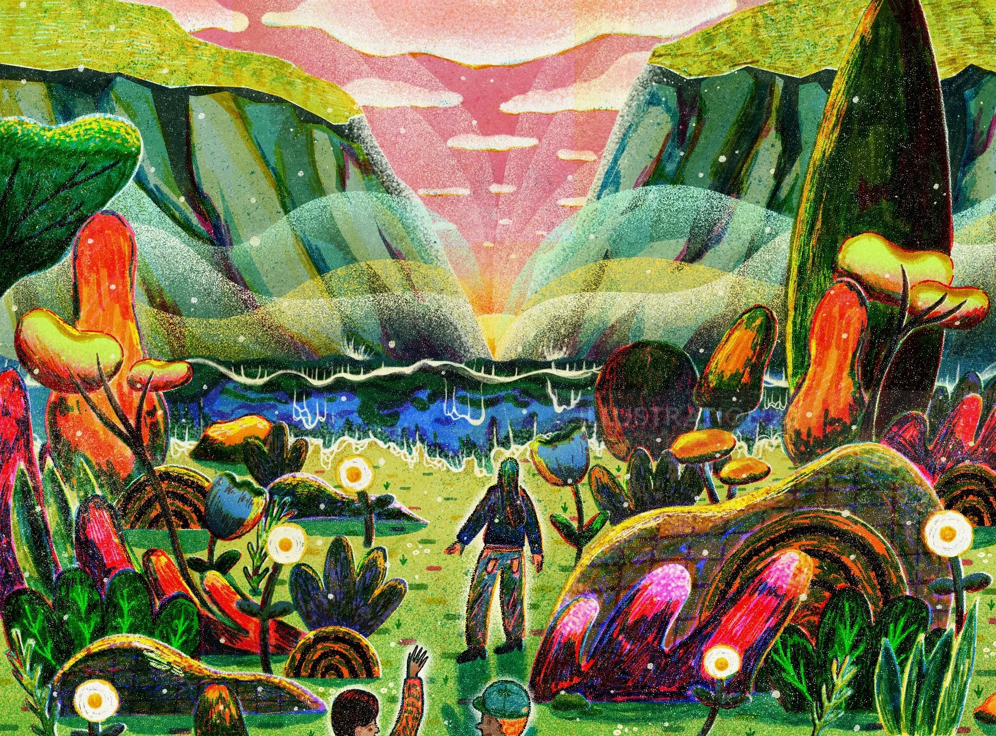 Surreal nature scene with person in colorful mushroom landscape by Oliver Li