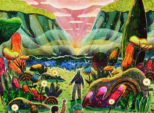 Surreal nature scene with person in colorful mushroom landscape by Oliver Li