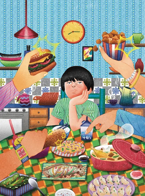 Child looking bored amid many colorful dishes and hands holding food, by Oliver Li
