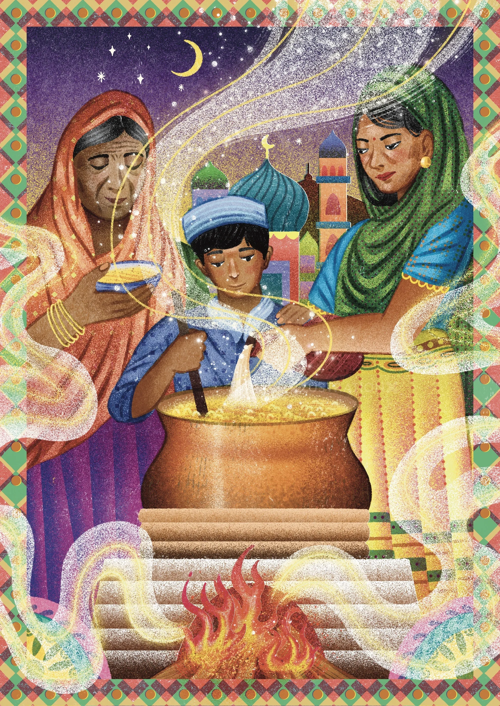 Family cooking together outside under starry sky by Oliver Li