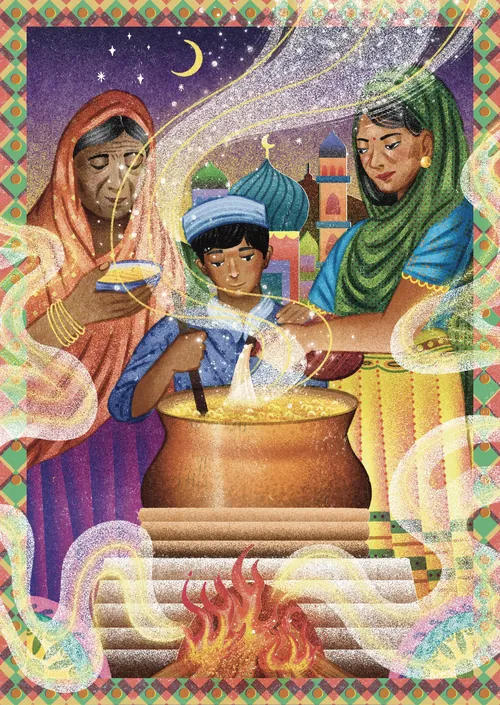 Family cooking together outside under starry sky by Oliver Li