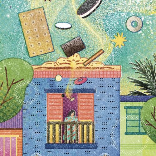 Colorful floating pastries above house with people below by Oliver Li