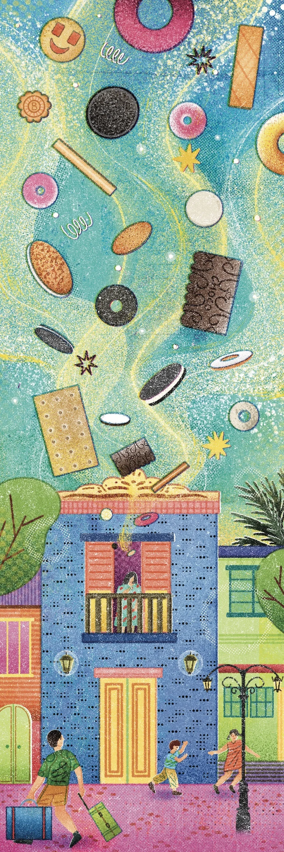 Colorful floating pastries above house with people below by Oliver Li