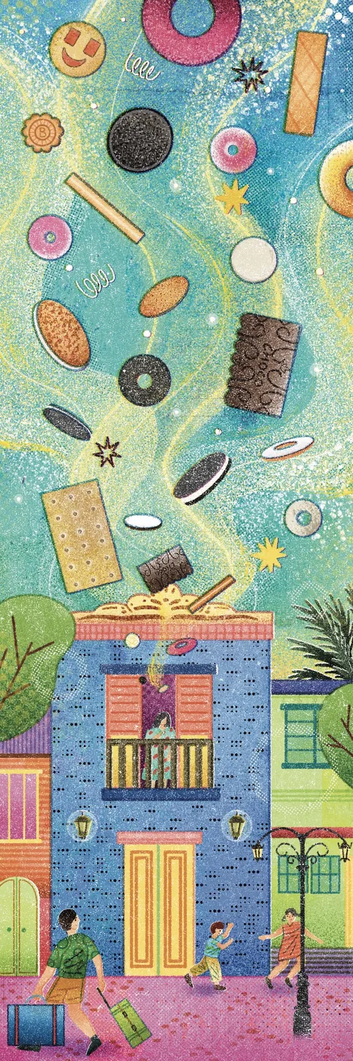Colorful floating pastries above house with people below by Oliver Li