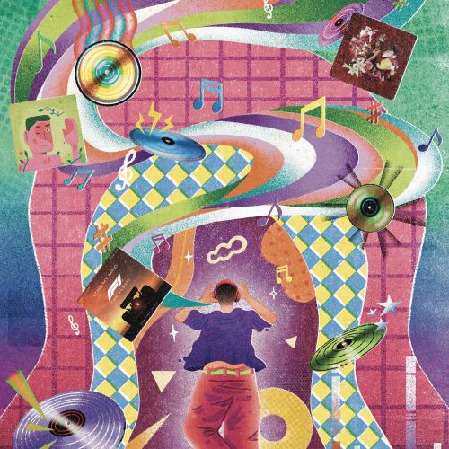 Man enjoying music surrounded by vinyl records and colorful patterns by Oliver Li