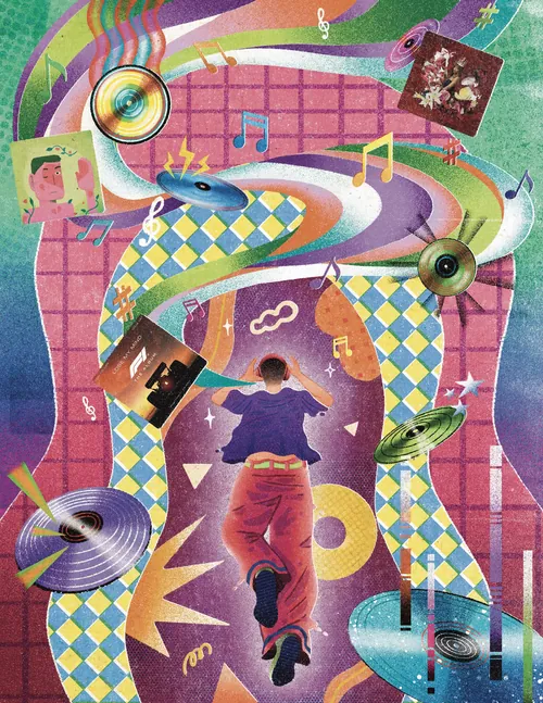 Man enjoying music surrounded by vinyl records and colorful patterns by Oliver Li