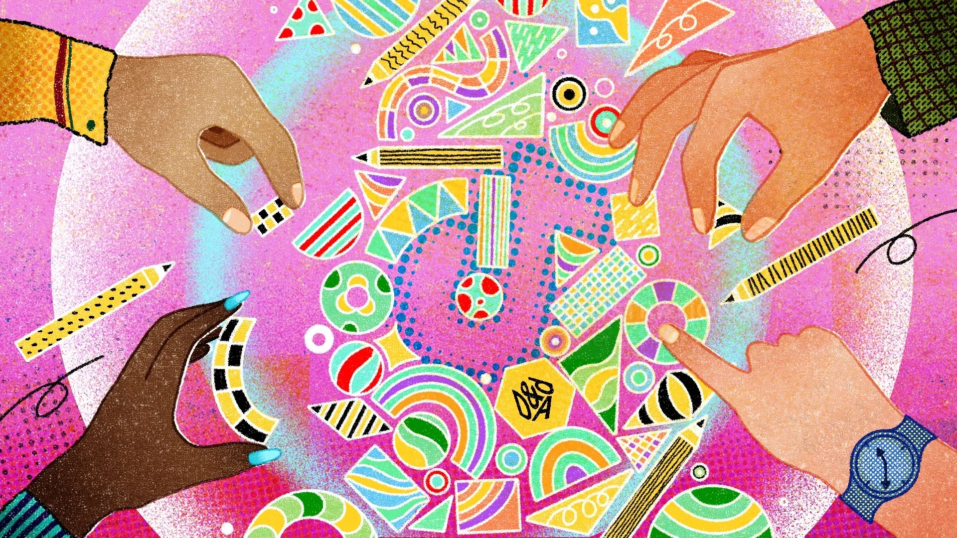 Hands arranging colorful abstract shapes in a vibrant composition by Oliver Li