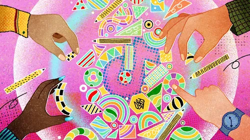 Hands arranging colorful abstract shapes in a vibrant composition by Oliver Li