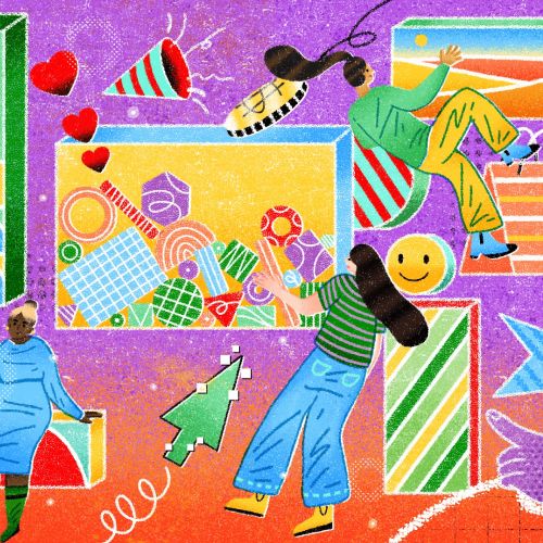 People floating surrounded by vibrant geometric shapes, by Oliver Li