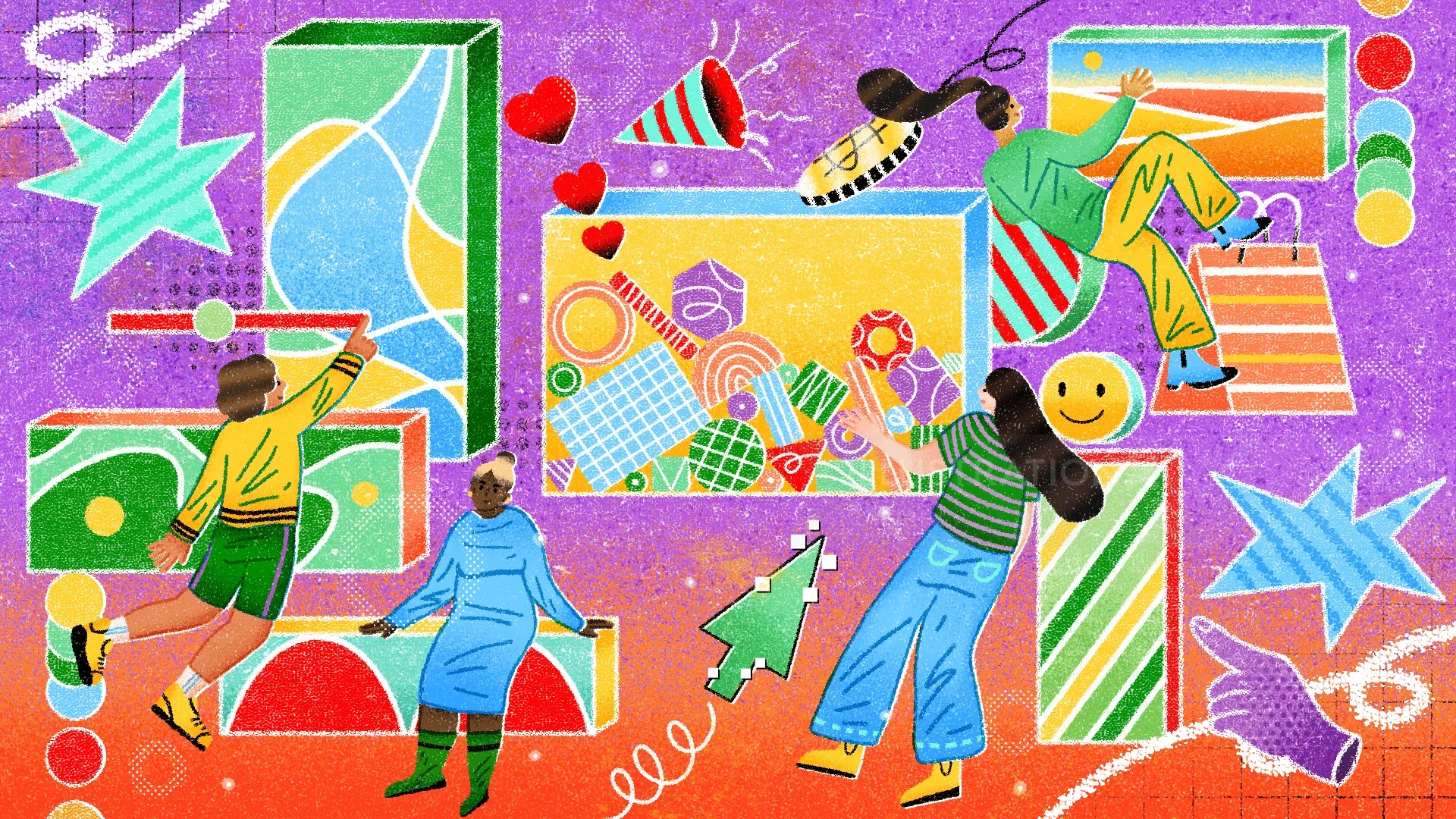 People floating surrounded by vibrant geometric shapes, by Oliver Li