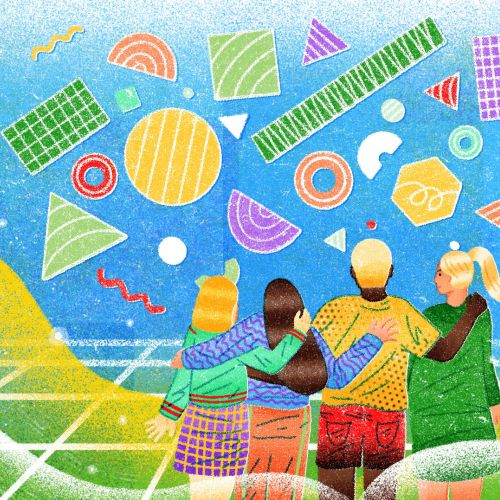 Three people celebrating with vibrant geometric shapes overhead by Oliver Li