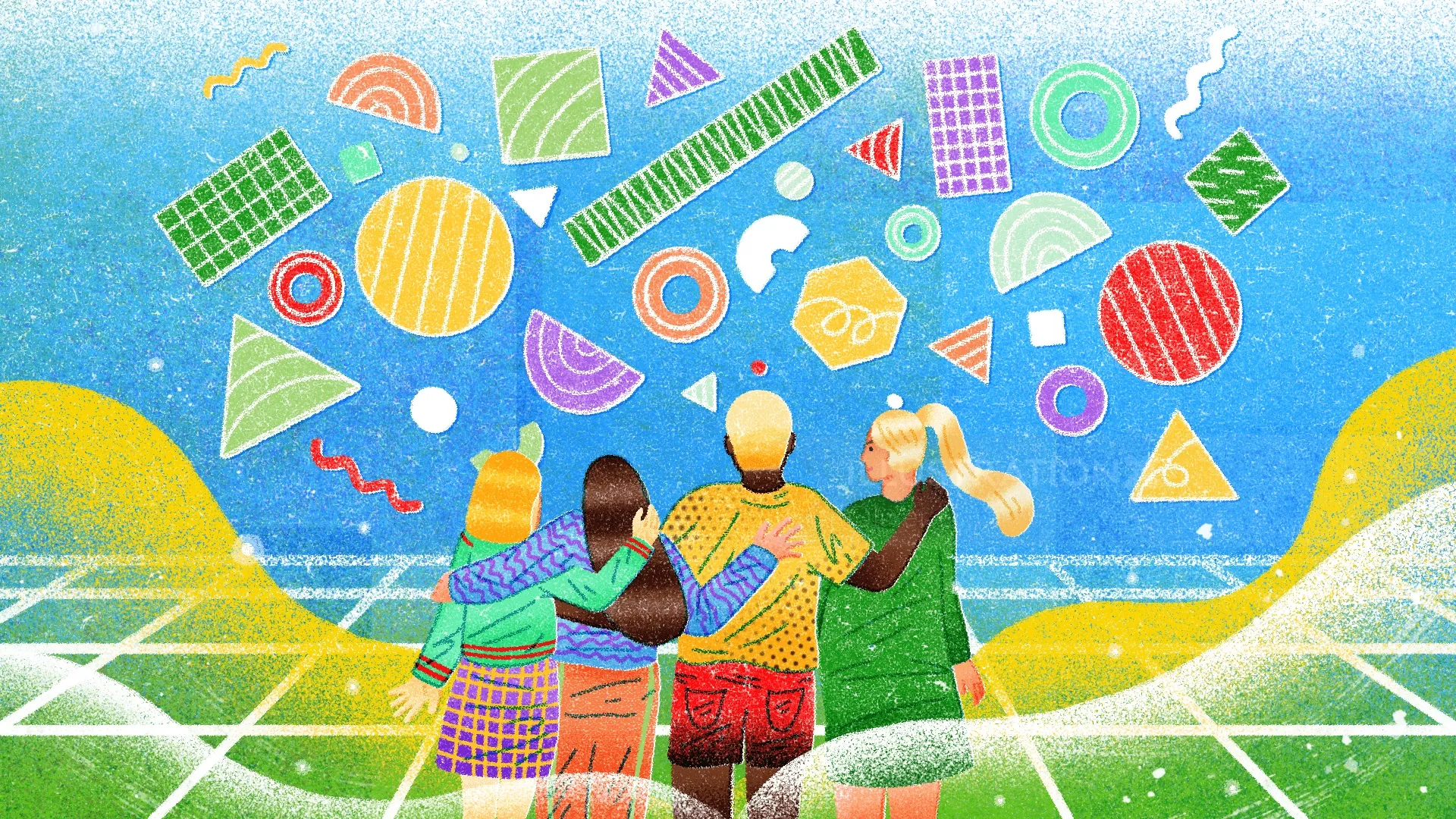 Three people celebrating with vibrant geometric shapes overhead by Oliver Li