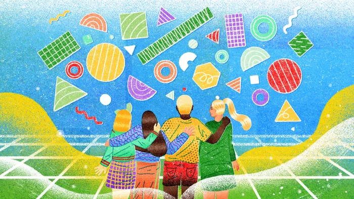 Three people celebrating with vibrant geometric shapes overhead by Oliver Li