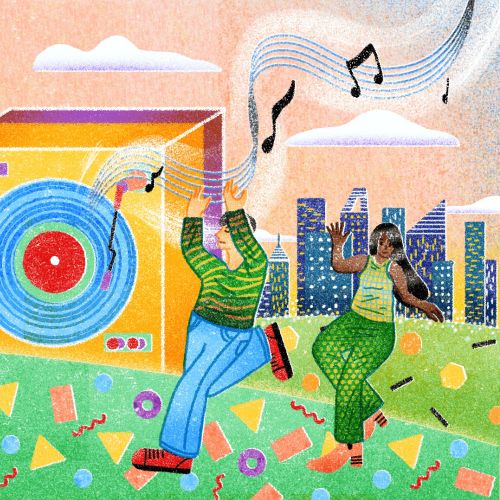 People dancing and enjoying music outdoors by a large speaker, Oliver Li