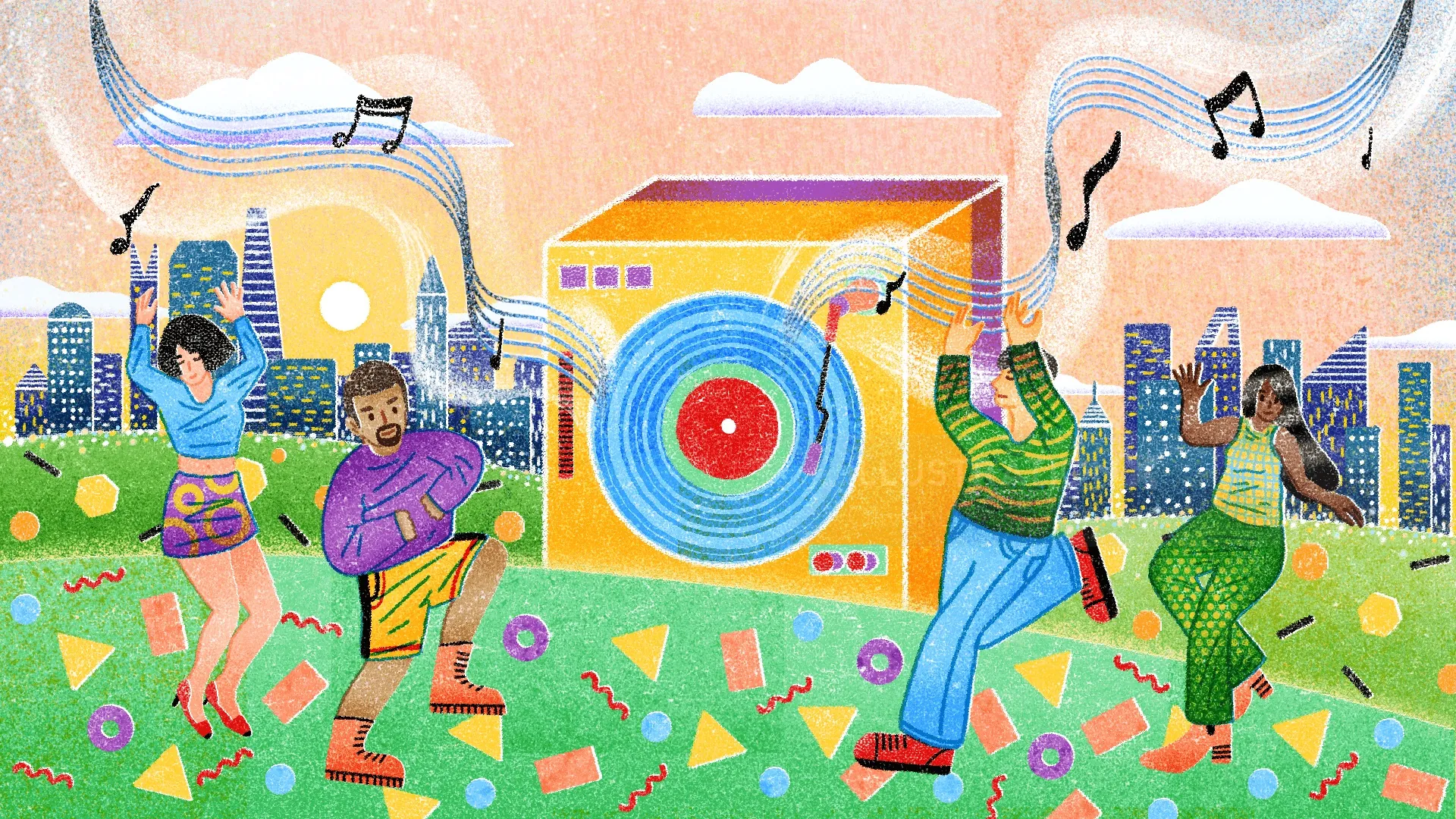 People dancing and enjoying music outdoors by a large speaker, Oliver Li