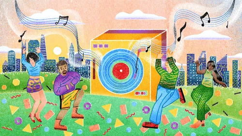 People dancing and enjoying music outdoors by a large speaker, Oliver Li