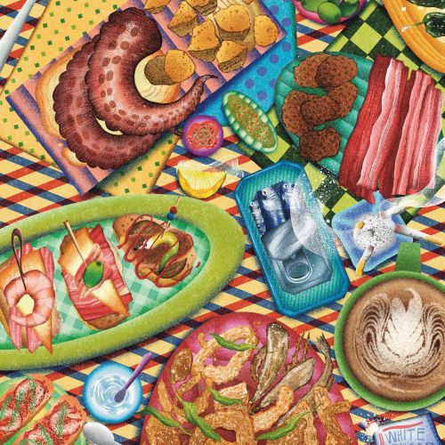 Table filled with diverse foods including pastries, drinks, and small dishes by Oliver Li
